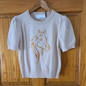 Pink Martini Cream Sweater with Gold Horse Embroidery